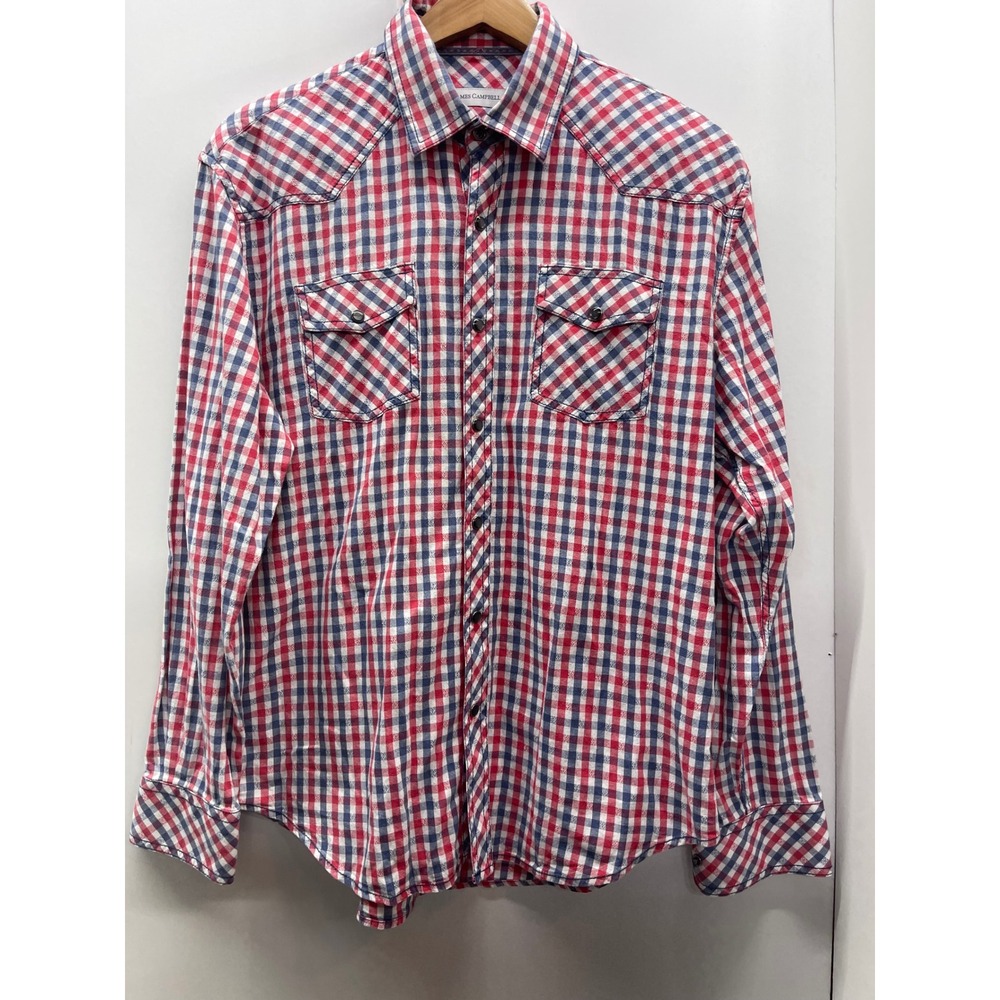 James Campbell Mens Large Red Blue Gingham Western Button Down Shirt Long Sleeve